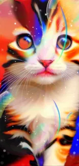 Vibrant digital art featuring a kitten with colorful background.