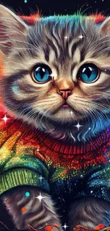 Cute kitten in a rainbow sweater surrounded by a vibrant magical glow.