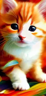 Adorable orange kitten with colorful abstract background.