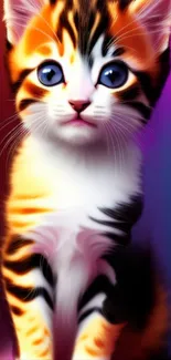 Vibrant kitten with blue eyes and orange stripes on a colorful background.