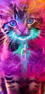 Vibrant kitten with colorful neon splashes on phone wallpaper.