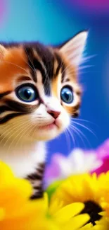 Adorable kitten surrounded by vibrant flowers with a blue background.