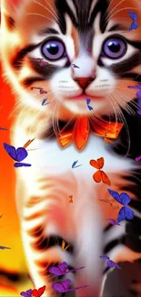 Cute kitten with vibrant butterflies on colorful background.