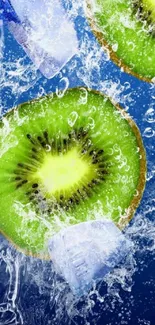 Kiwi slices in water splash with blue background.