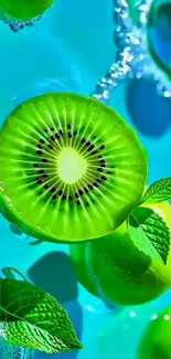 Vibrant kiwi with mint in water splash