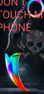 Colorful karambit knife with digital skull on dark background.