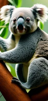 A koala sitting on a brown branch with lush green leaves in the background.