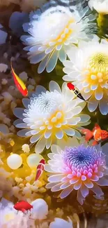 Vibrant koi swimming with chrysanthemums in colorful mobile wallpaper.