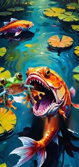 Colorful fish and frog among lily pads in vibrant pond artwork.