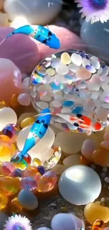 Colorful fish swimming among bubbles and stones