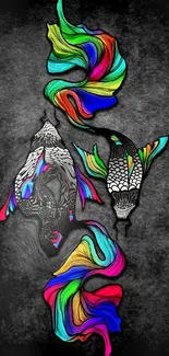 Colorful abstract koi fish art on a dark textured background.