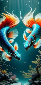 Vibrant koi fish swimming in a colorful underwater scene with corals.