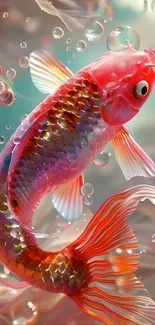 Vibrant koi fish swimming among bubbles.