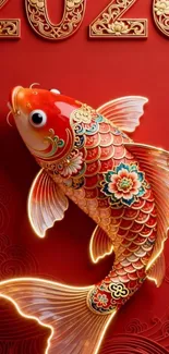 Elegant koi fish on vibrant red background