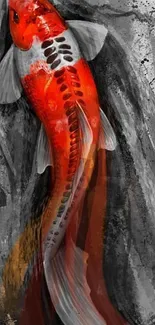 Vivid red koi fish on a black-white textured background.