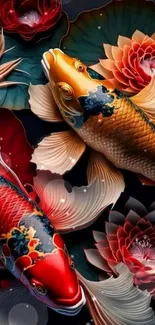 Intricate koi fish art wallpaper with vibrant colors and floral accents.