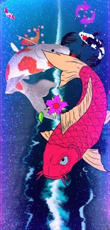 Vibrant koi fish wallpaper with flowers and cosmic blue background.