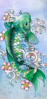 Aqua blue koi fish with floral accents on a textured blue background.