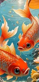 Artistic depiction of vibrant koi fish swimming underwater.
