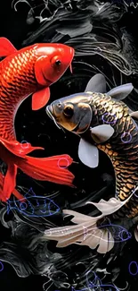 Vibrant koi fish swimming in artistic black swirl design.