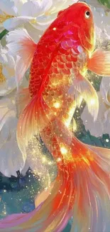 Vibrant koi fish swimming among white flowers.