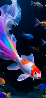 Colorful koi fish in a vibrant fantasy underwater scene.