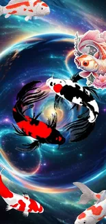 Koi fish swim through a swirling galaxy, creating a vibrant fantasy design.