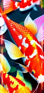 Colorful koi fish swimming among green lily pads in a vibrant nature scene.