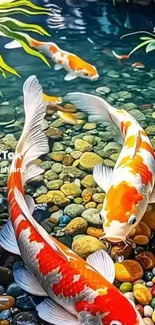 Colorful koi fish swim in a serene pond.