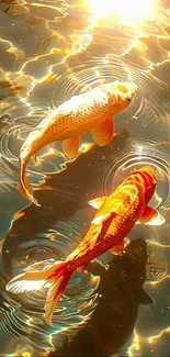 Vibrant koi fish swimming in sunlit water.