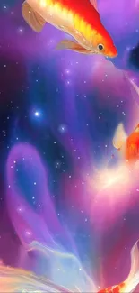 Beautiful Koi fish swimming in a colorful cosmic background.