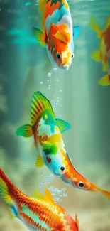 Colorful koi fish swimming underwater in vibrant artwork.