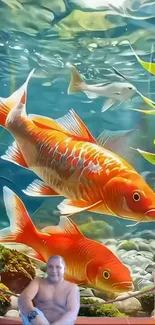 Vibrant koi fish swimming underwater in a serene artistic wallpaper.