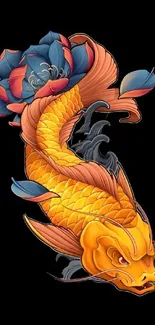 Vibrant orange koi fish with floral accents on a black background.