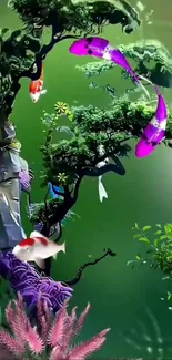 Vibrant koi fish swimming in lush greenery.