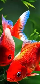 Two vibrant koi fish swimming among green leaves.