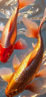 Colorful koi fish swimming in water with vibrant hues.