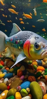 Vibrant koi fish with colorful stones underwater.
