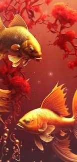 Vibrant golden koi fish amidst red coral.