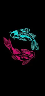 Black wallpaper with neon pink and blue koi fish design.