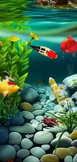 Colorful koi fish swim in a lush underwater scene.