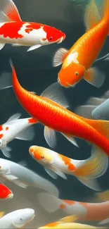 Colorful koi fish swimming gracefully in a tranquil pond.