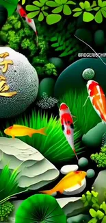 Colorful koi fish in vibrant pond with green leaves and stones.