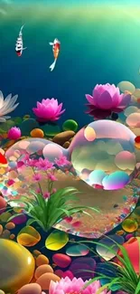 Vibrant koi pond with colorful bubbles and lotus flowers.
