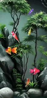 Vibrant koi pond with colorful fish and lush green plants.