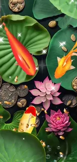 Colorful koi fish and lotus flowers in a serene pond setting.