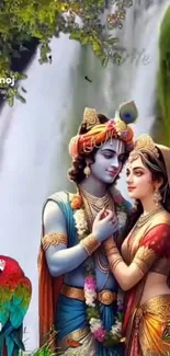 Krishna and Radha art with waterfall and parrot background.