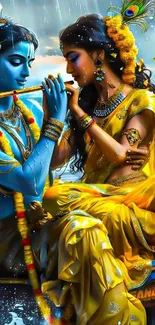 Colorful depiction of Krishna and Radha on a mobile wallpaper.