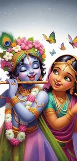 Colorful wallpaper of Krishna and Radha with butterflies.