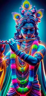 Colorful digital artwork of Lord Krishna playing the flute with vibrant hues.